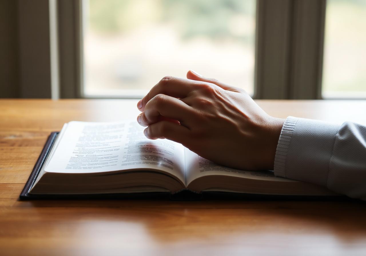 Hands folded in prayer over a Bible